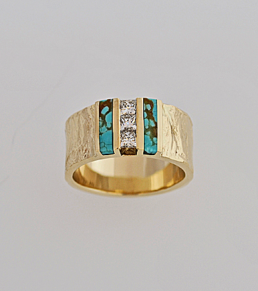14 Karat Bark Texture Ring with Princess Cut Diamonds and Turquoise ...
