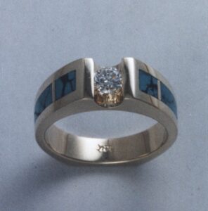 14 Karat White Gold Ring with Diamond and Natural Turquoise Inlay by Southwest Originals 505-363-7150