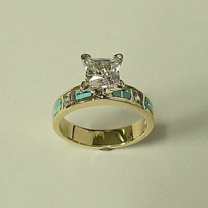 14 karat yellow gold Engagement Ring with Diamond and Natural Turquoise ...