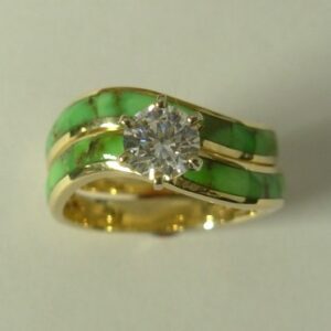 14karat-yellow-gold-wedding-set-with-.50-carat-round-Diamond-and-Natural-Green-Turquoise-by-Southwest-Originals-505-363-7150