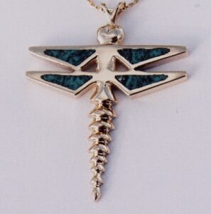 Gold Dragonfly Pendant with Turquoise Inlay by Southwest Originals 505-363-7150