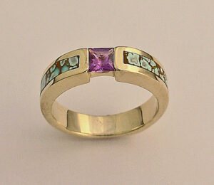 Gold-Ladies-Ring-With-Purple-Sapphire-and-Turquoise-Inlay by Southwest Originals 505-363-0751