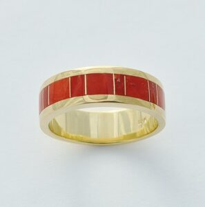 Mens or Ladies 18 Karat Gold and Coral Inlay Band by Southwest Originals 505-363-7150
