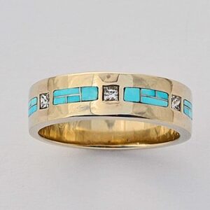 Mens or Ladies Gold Diamond and Turquoise Wedding Band by Southwest Originals 505-363-7150