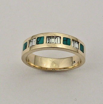 14 Karat Yellow Gold, Turquoise and Diamond Wedding Ring #G0156 ...