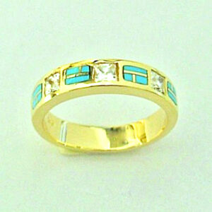 14 karat yellow gold ring with Diamonds and Natural Turquoise Inlay ...